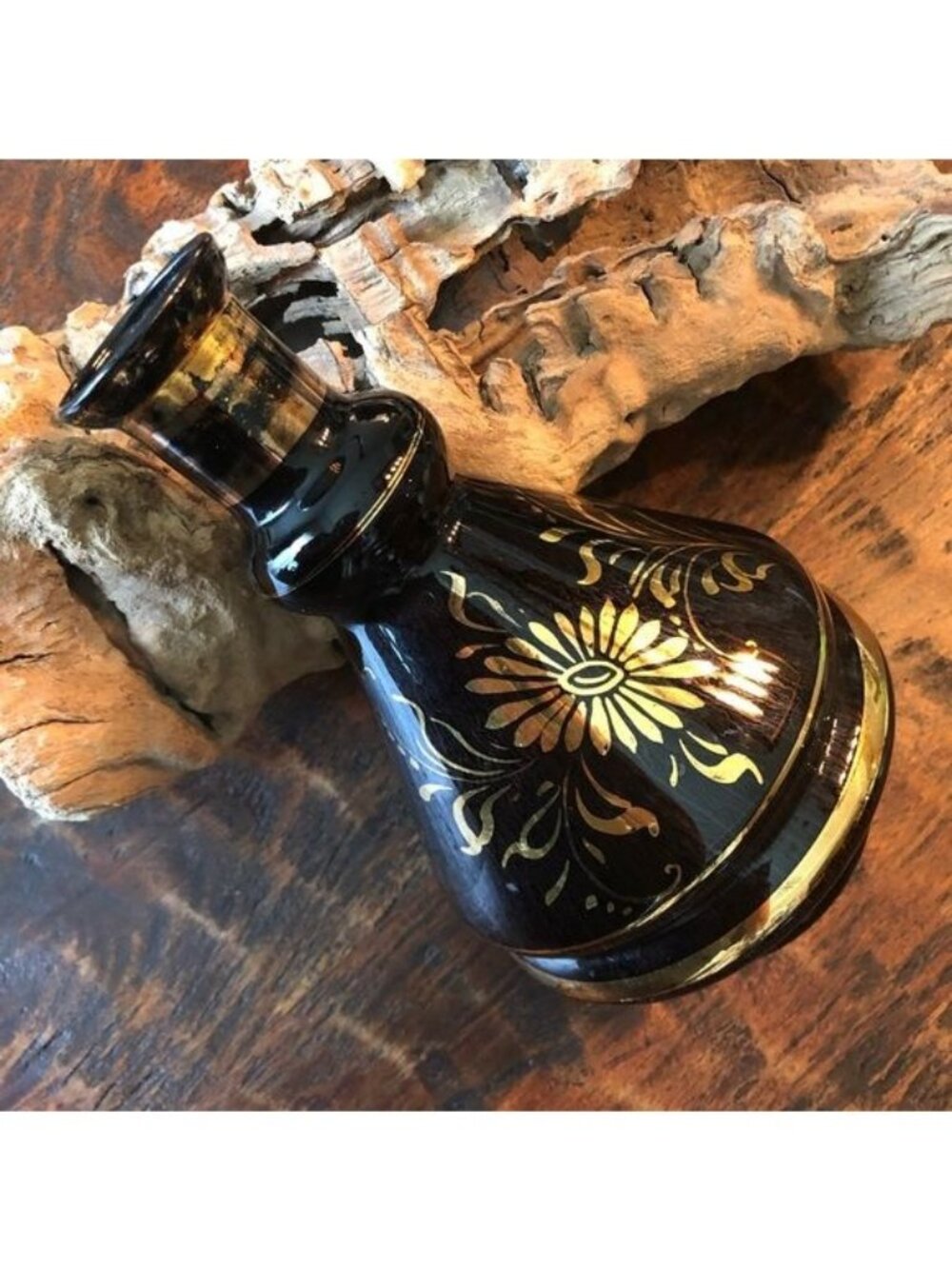 Vintage Dark Purple Glass Bottle With Gold Daisies